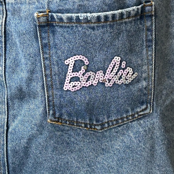 Barbie X Forever21 Rhinestone Distressed Stonewash Denim Mini Skirt Logo Women M - Picture 6 of 11